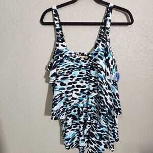 Swimsuits For All Tankini Swimsuit Womens 16 Blue Black White Tiered Layered Top